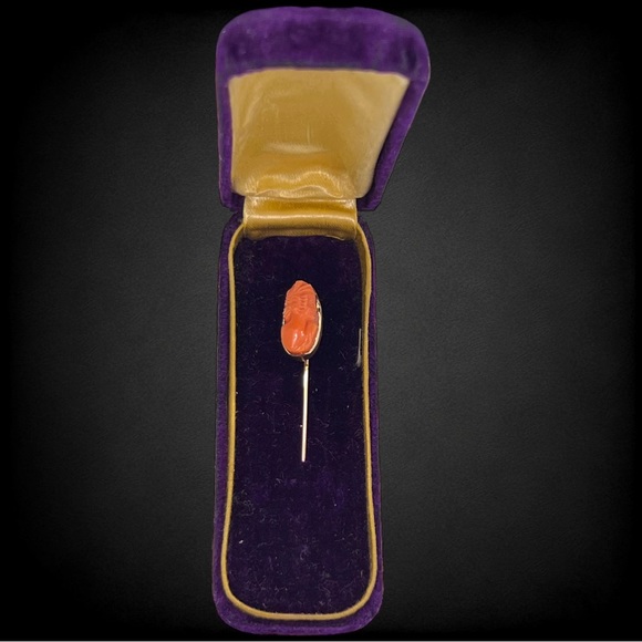 Antique Jewelry - Antique Victorian 10K Gold Salmon Coral Cameo Lapel Stick Pin With Velvet Box